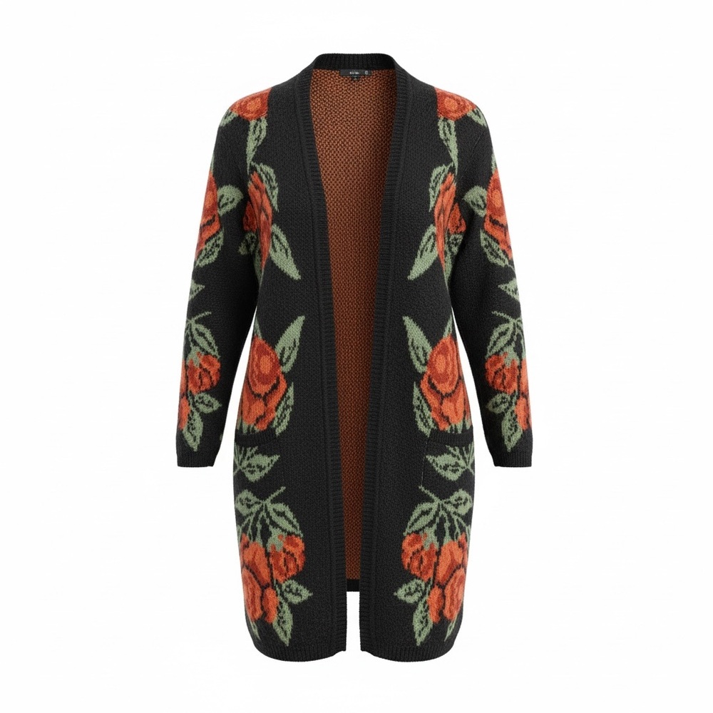 CYNTHIA ROWLEY Black Red Floral Knit Open Cardigan Size XL